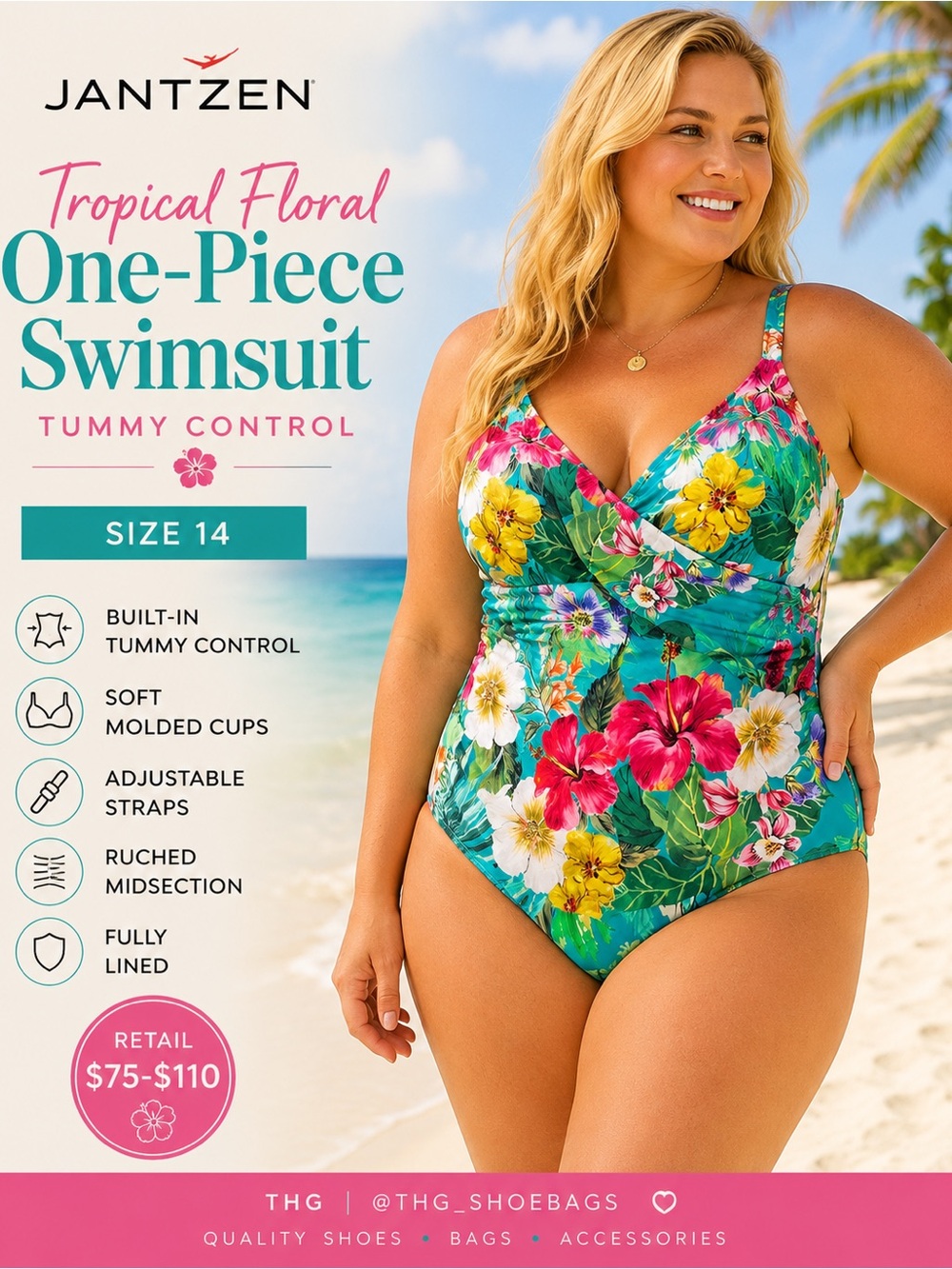 Jantzen Tropical Floral Tummy Control One-Piece Swimsuit Size 14 NWT